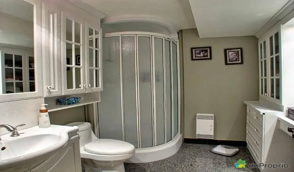 Frosted shower and mirrored cabinets