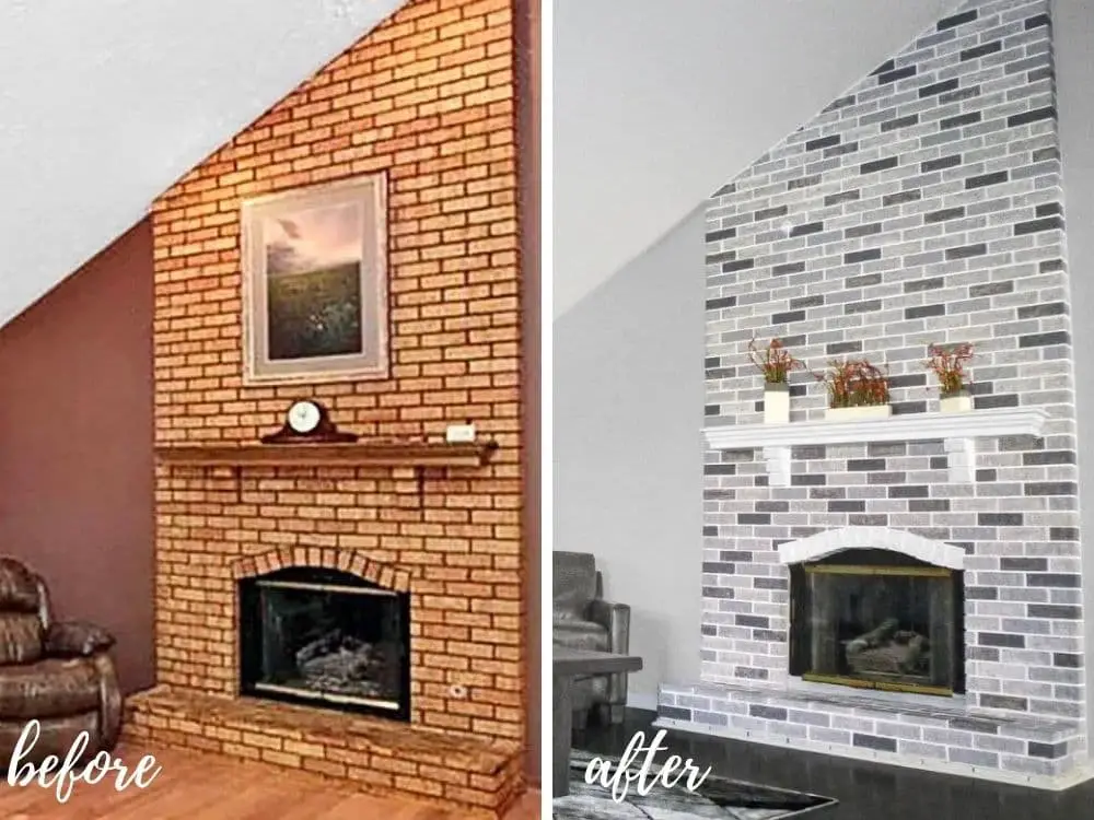 Gray painted brick fireplace