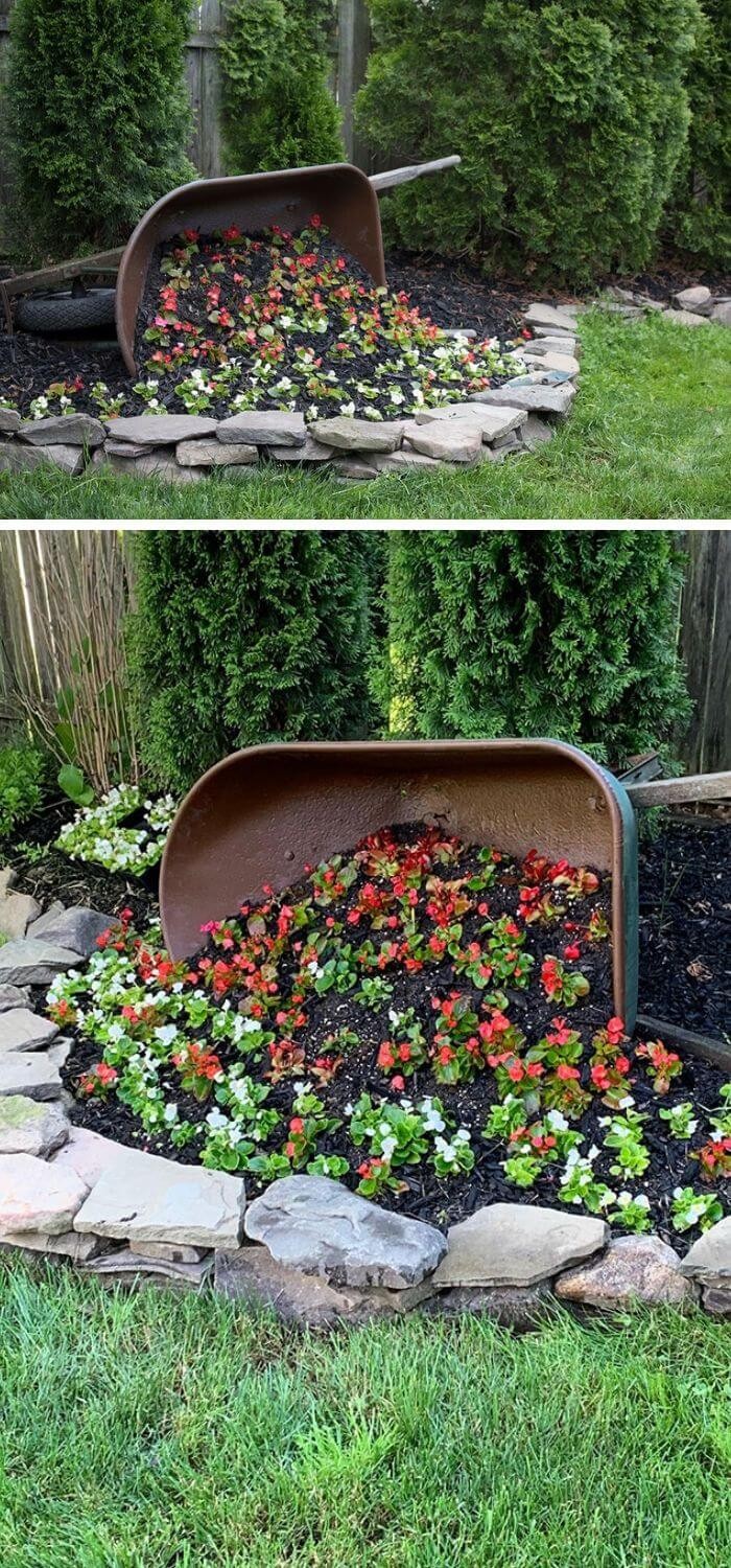 Tipped wheelbarrow planter