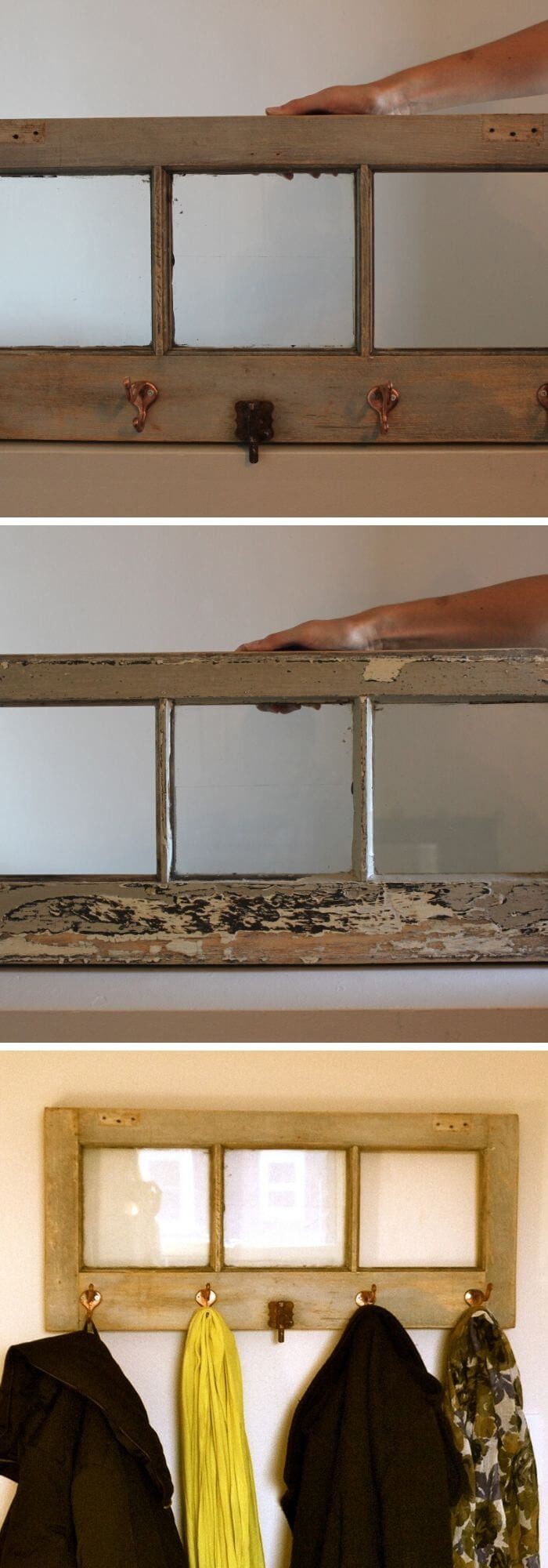 #12. Keep Coats Tidy With A Repurposed Window Rack