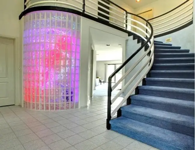 Metal blue trim on curved stairs